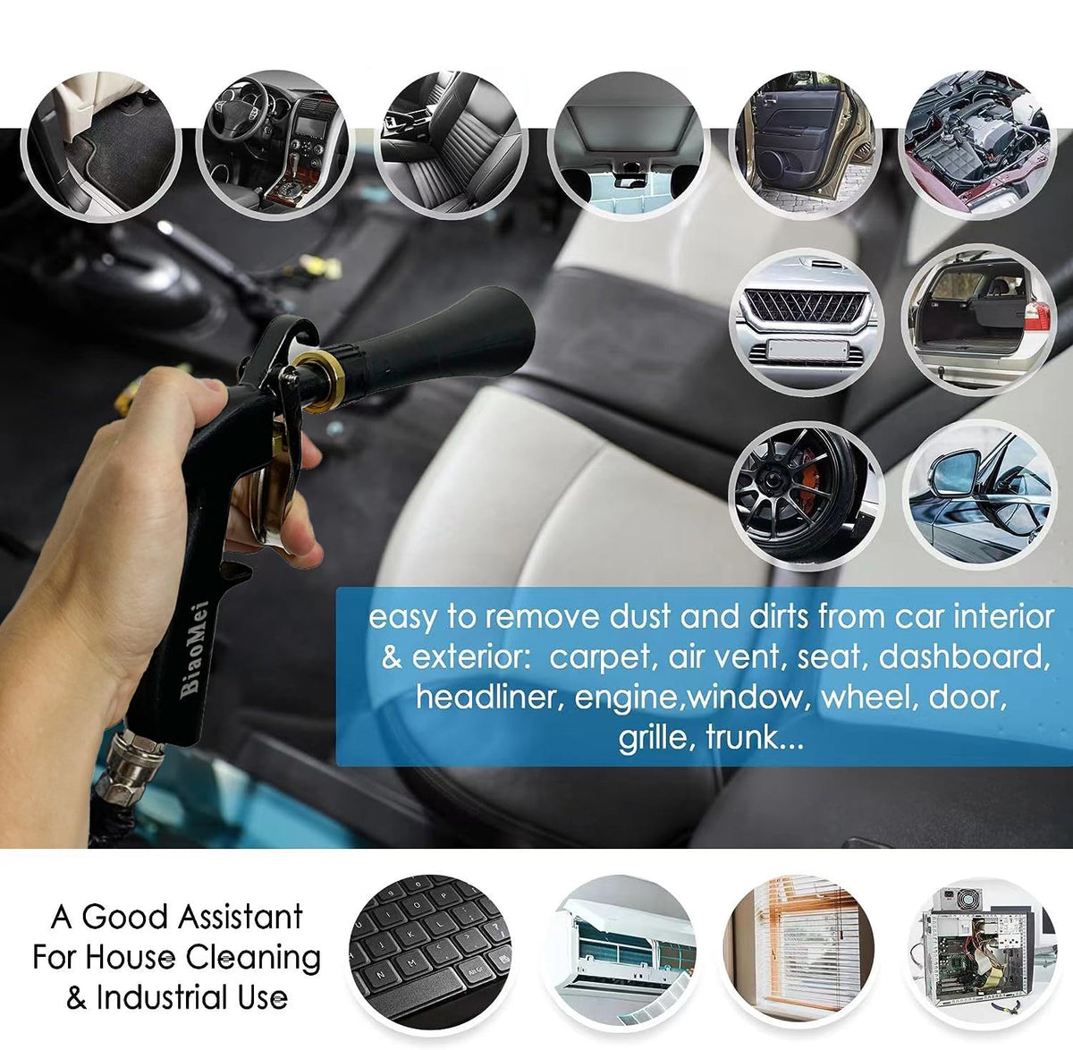 BIAOMEI High Pressure Car Interior Cleaning Gun Automobile Detailing Cleaning Car Detailing Dry Washing Gun with Brush (New ugrade Aluminum Tube Rotate), z-014