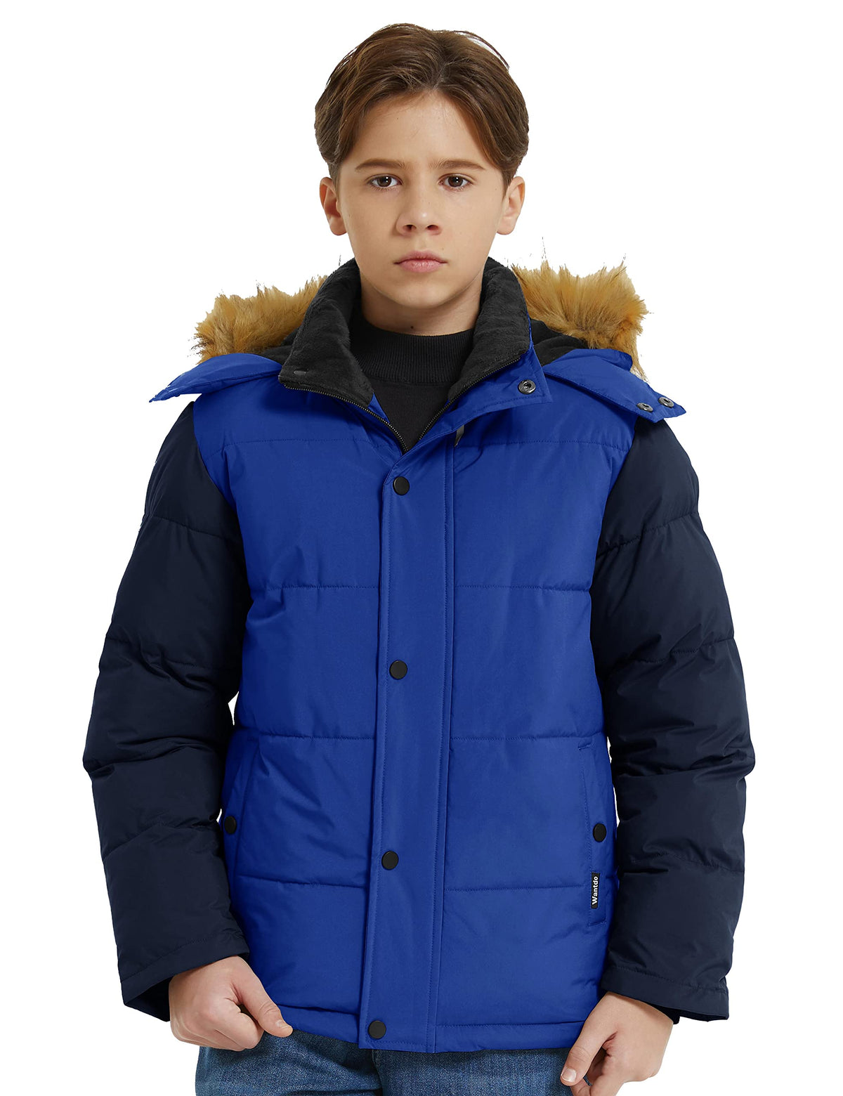 wantdo Boys' Warm Puffer Coats Winter Outerwear Jackets Waterproof Fleece Jacket With Hood Acid Blue navy 8