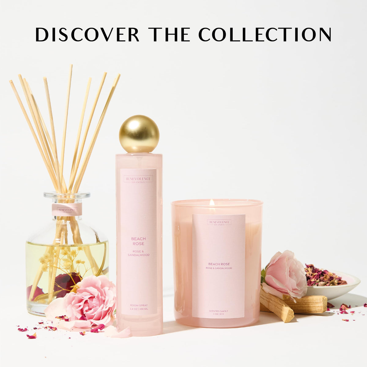 Benevolence LA Reed Diffuser, Rose & Sandalwood Scent Diffusers for Home with Oil Diffuser Sticks | Sun-Kissed Collection