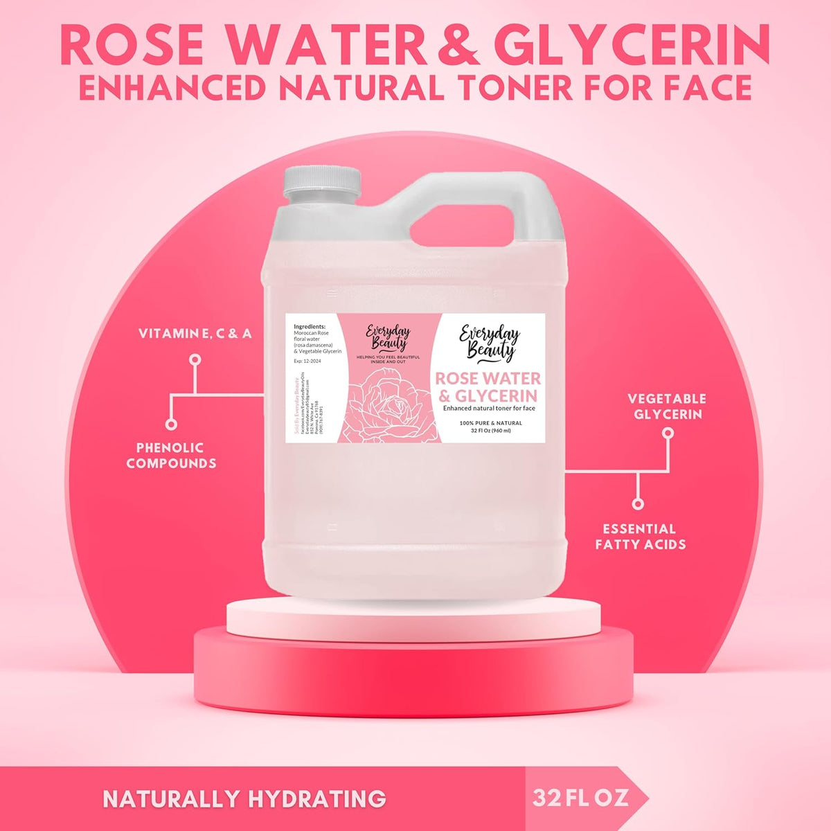 Rose Water & Glycerin Enhanced Facial Toner - 32oz Bulk Alcohol-Free Vegan All Natural Refreshing for Face and Hair - Uplifts, Calming & Soothing for All Skin Types…