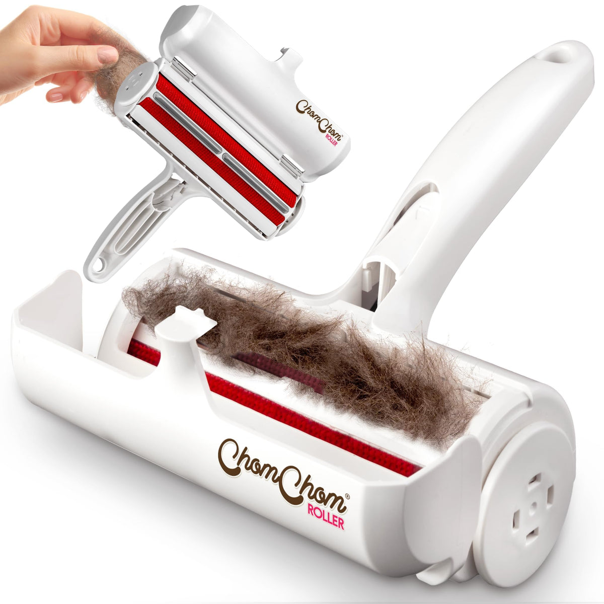 ChomChom Roller Pet Hair Remover and Reusable Lint Roller - Cat and Dog Hair Remover for Furniture, Couch, Carpet, Clothing and Bedding - Portable, Multi-Surface Fur Removal Tool (White)