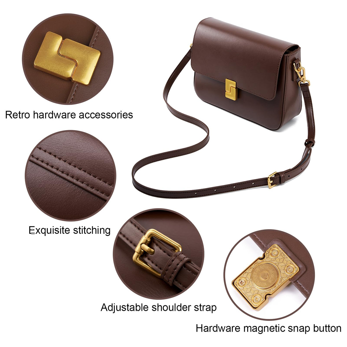 MoreFarther Shoulder Bags for Women, Genuine Leather Crossbody Purses Vintage Handbags-Adjustable Strap Designer Bags (Black)