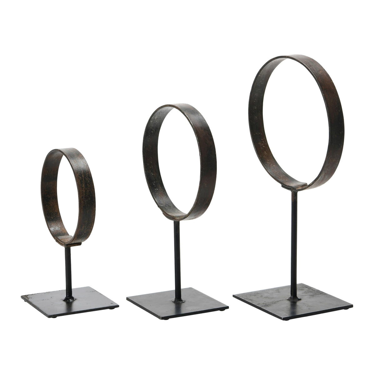 Creative Co-Op Decorative Modern Found Metal Rings on Stands, Black, Set of 3