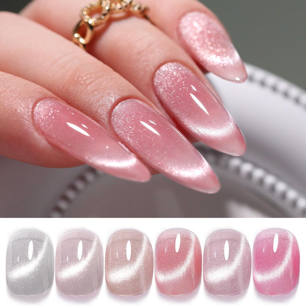 Double Rhythm 6 Colors Cat Eye Gel Polish Set Shimmer Glitter with Magnet Holographic Reflective Magnetic UV Nail Art Kit (6-Kit 14)