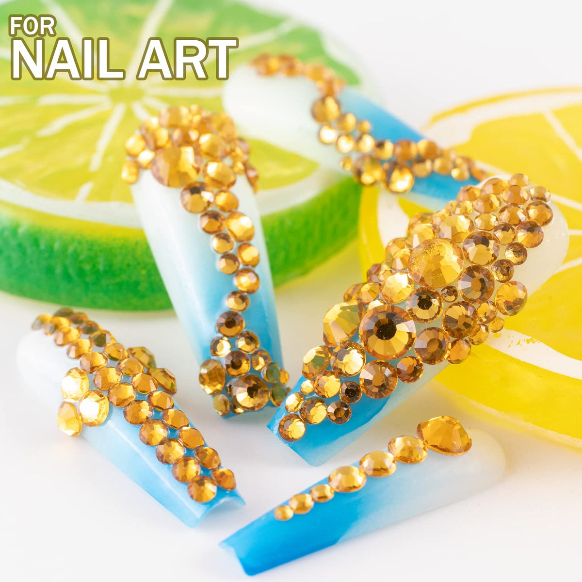 One Pack 2000 Pcs of Flatback Round Golden Yellow Rhinestones 6 Sizes (1.5-6 mm) with Nail Art Rhinestone Picker Pencil and Tweezer for DIY and Salon Use