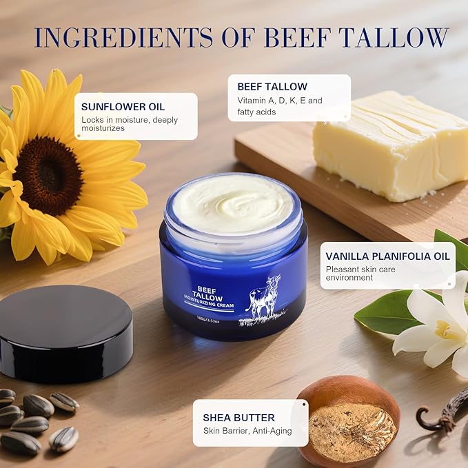 Beef Tallow for Skin, Whipped Organic Grass-Fed Beef Tallow Balm for Face & Body, Tallow Face Moisturizer, For Dry Skin