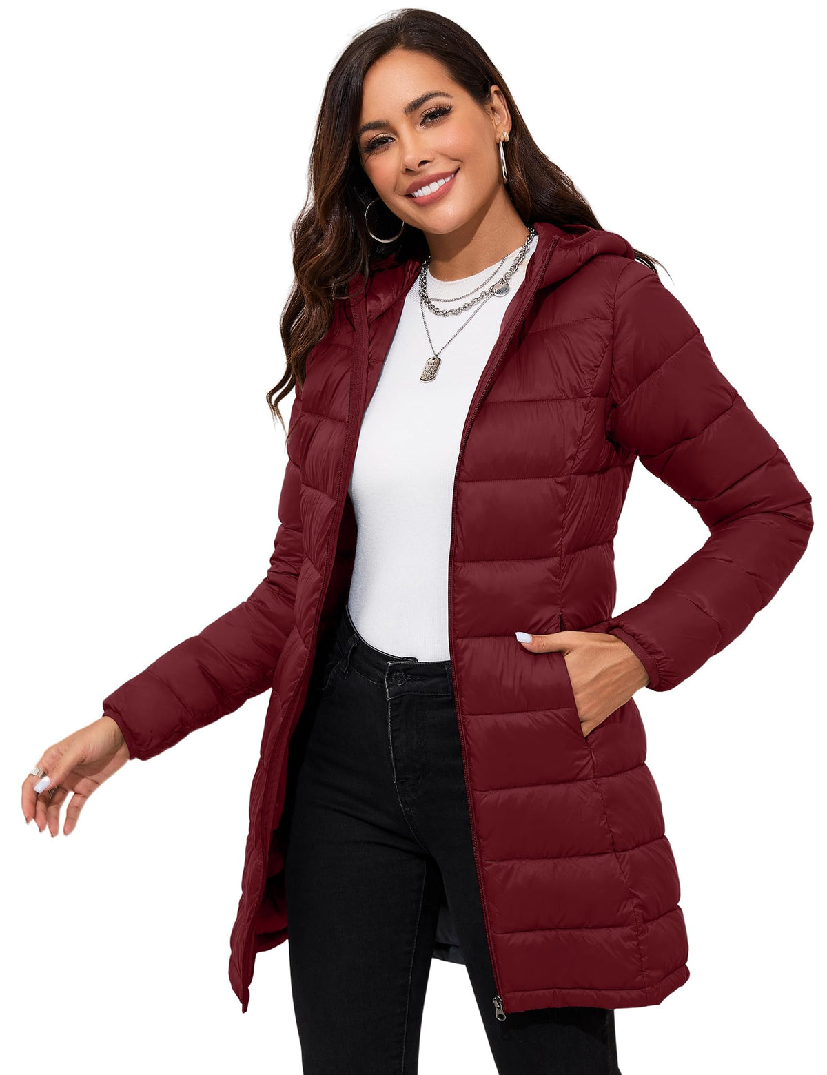 ANOTHER CHOICE Women Packable Puffer Jacket Lightweight Hooded Puffy Jacket (Wine Red, S)