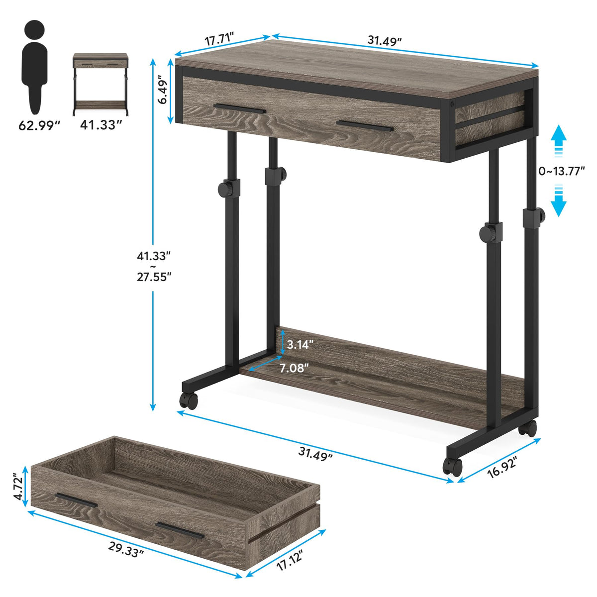 LITTLE TREE Portable Computer Desk with Wheels, Mobile Laptop Desk Table Standing Desk, Small Portable Desk Bed Desk with Drawers for Home Office (Grey, Adjustable Height 27.5'' to 41.3'')