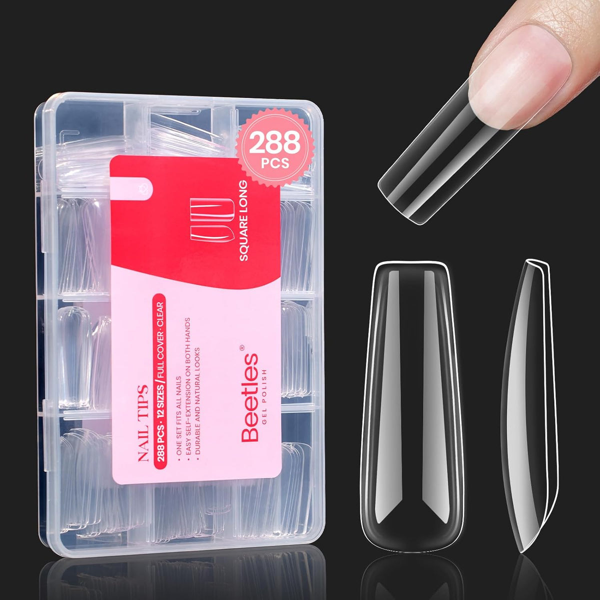 Beetles Gel Nail Tips Long Square Nail Tips, 12 Sizes 288 PCS Pre-Shaped Clear Full Cover False Nails Tips Clear Acrylic Nails Glue on Nails for Girls Women Nail Art Design,Nail Glue Needed