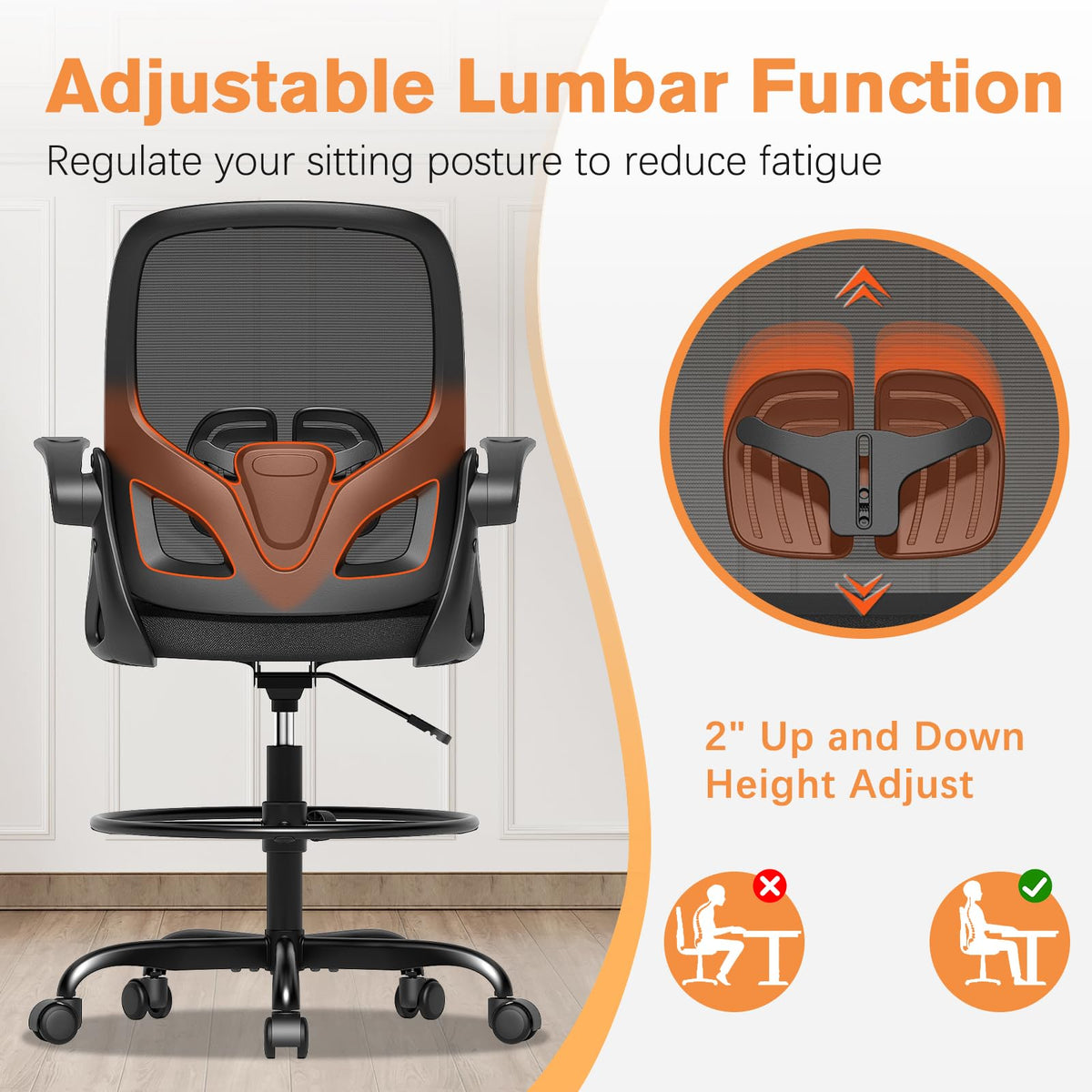 ORRSAKER Tall Drafting Chair with Lumbar Support and Footrest Ring, Supportive Tall Extended Height Ergonomic Desk Chair for Home Work, Breathable Mesh Office Chair with Flip up Arms(Black)