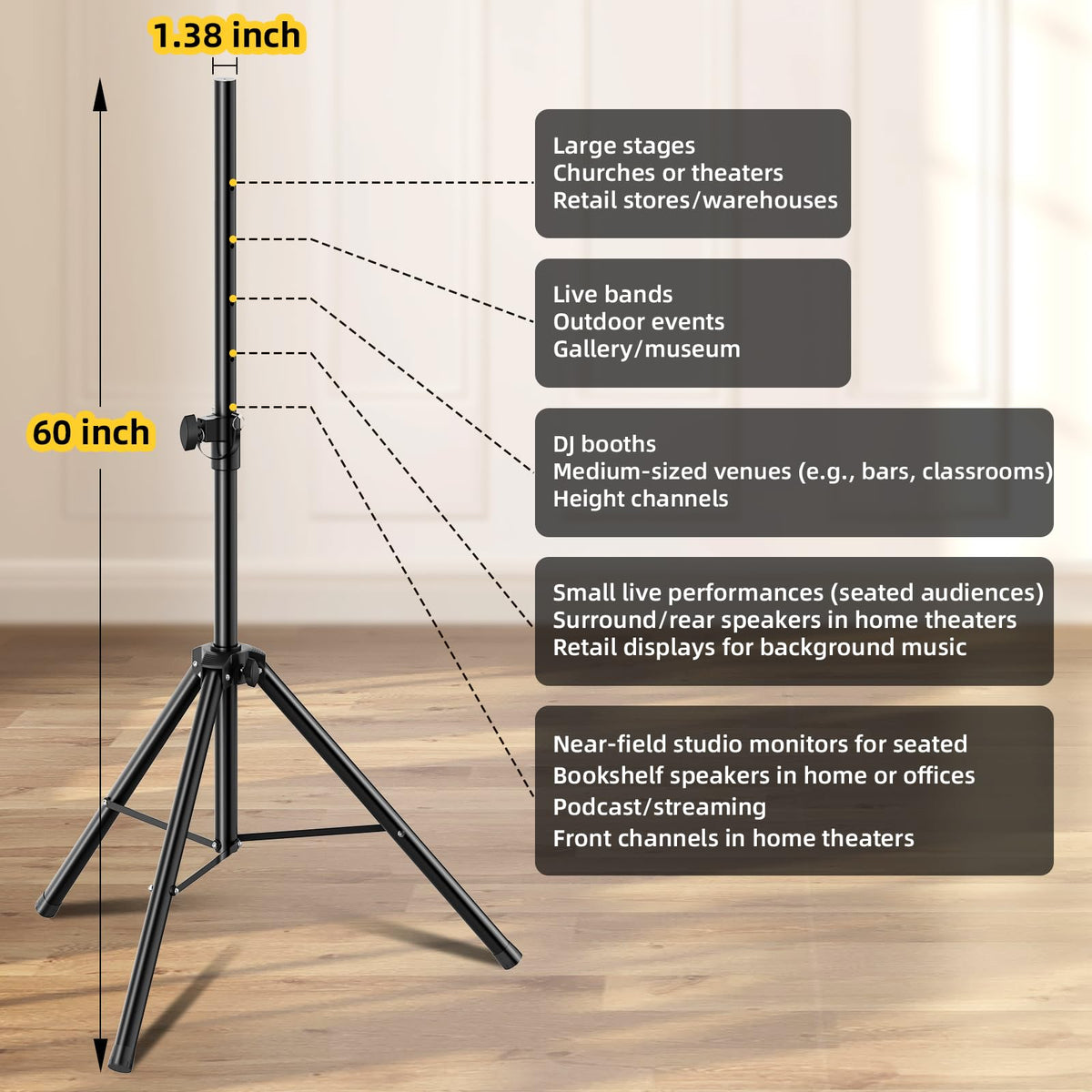 GZGDLJQ Speaker Stands Pair, Universal Speaker Tripod Stand Adjustable Height from 35 to 60 Inch Heavy Duty with 35 MM Compatible Insert for Stage