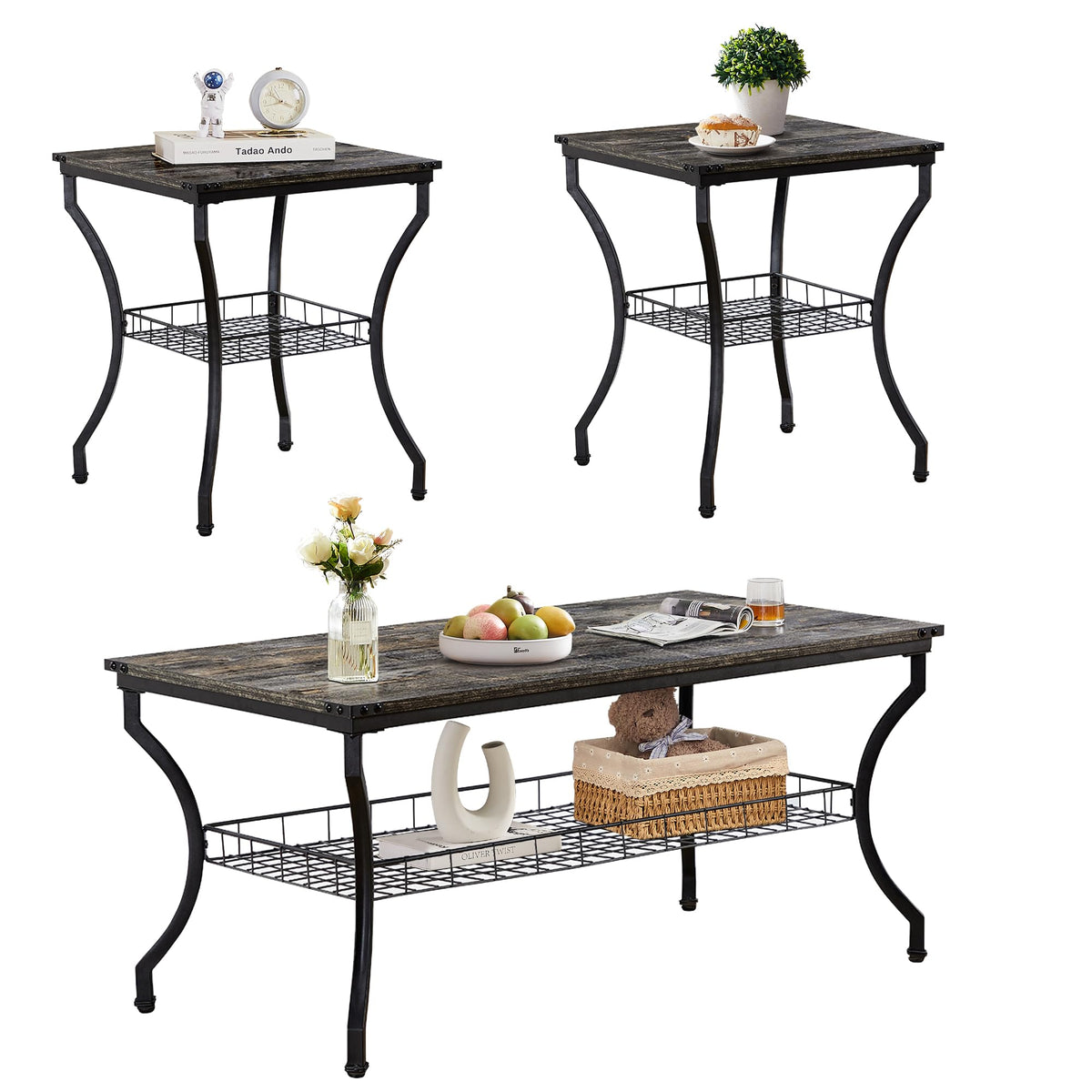 VECELO 3 Pieces Living Room Table Sets, Coffee and End Tables with Open Storage Shelves for Apartment, Home Office, Small Space, Easy Assembly, Grey Oak