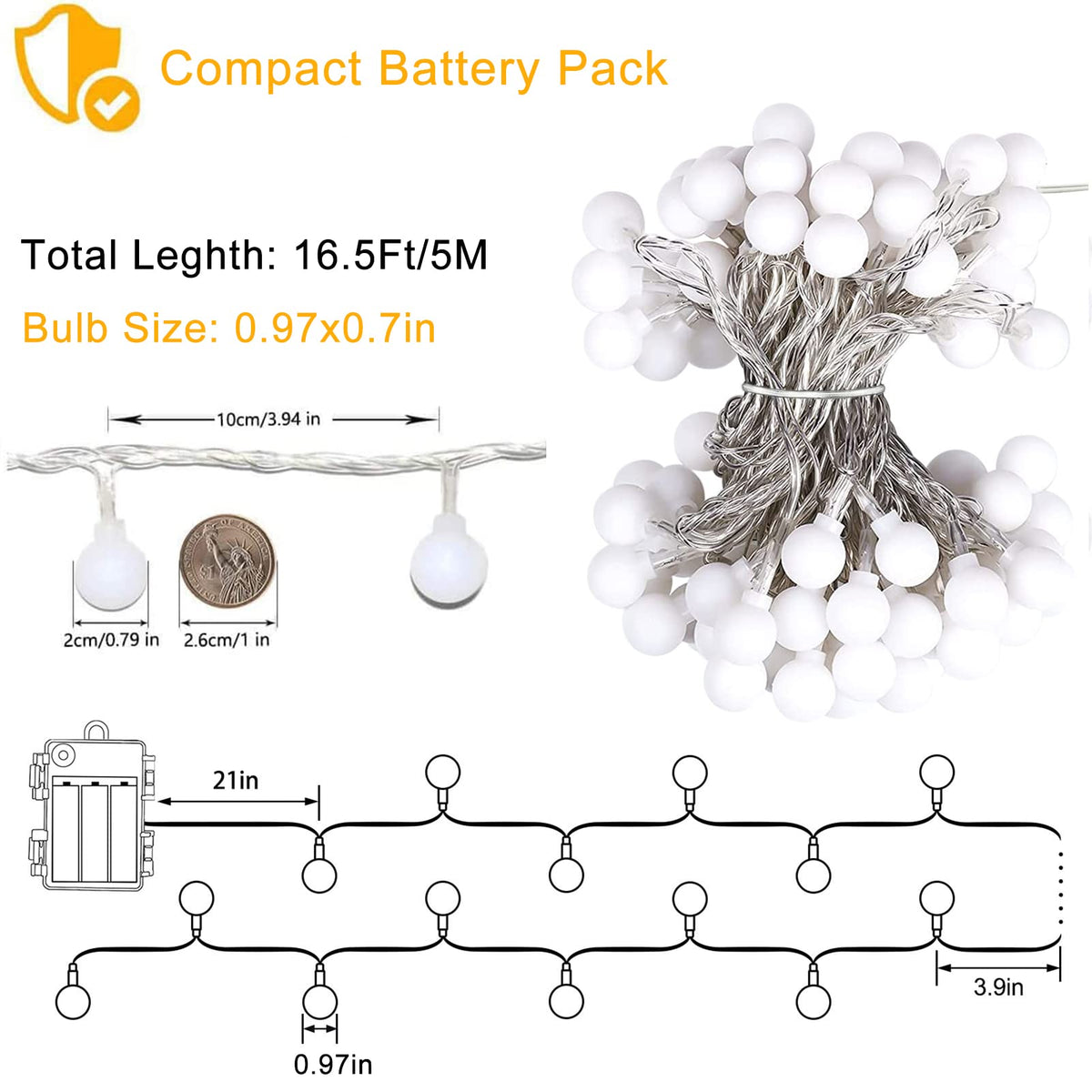 echosari Battery Operated String Lights, 16.5 Feet 50 LED Camping Globe Lights with Remote Timer 8 Modes Frosted Ball Fairy Light for Bedroom Wedding Xmas Tree Party Decoration (Warm White)