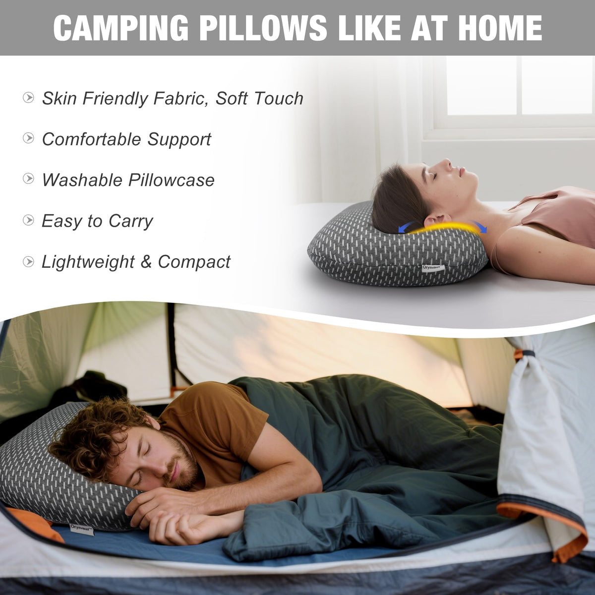 Orynvaux Memory Foam Camping Pillow, Portable Travel Pillow with Breathable Detachable Pillowcase, Compact & Lightweight for Camping, Hiking, Backpacking, Airplane Travel, Includes Storage Bag