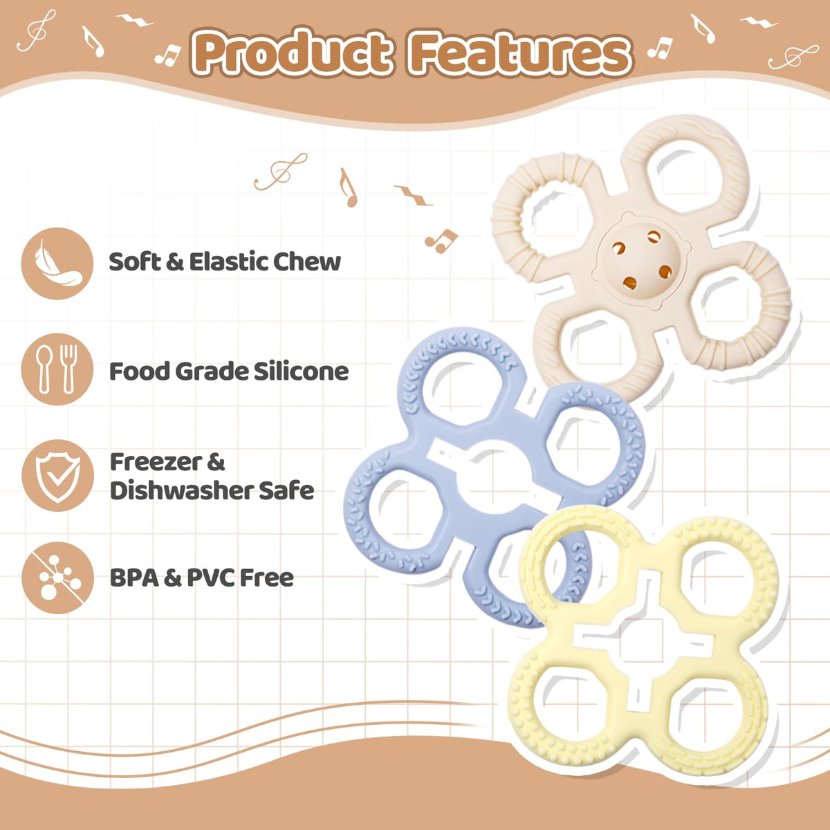 Yaozyety Baby Teething Toys 3 in 1 Silicone Teethers - BPA Free Food Grade Silicone Teething Ring Rattle Toys for Babies 3-6 Months 6-12 Months, Soft & Easy Hold, Baby Chew Toy for Toddlers (Yellow)