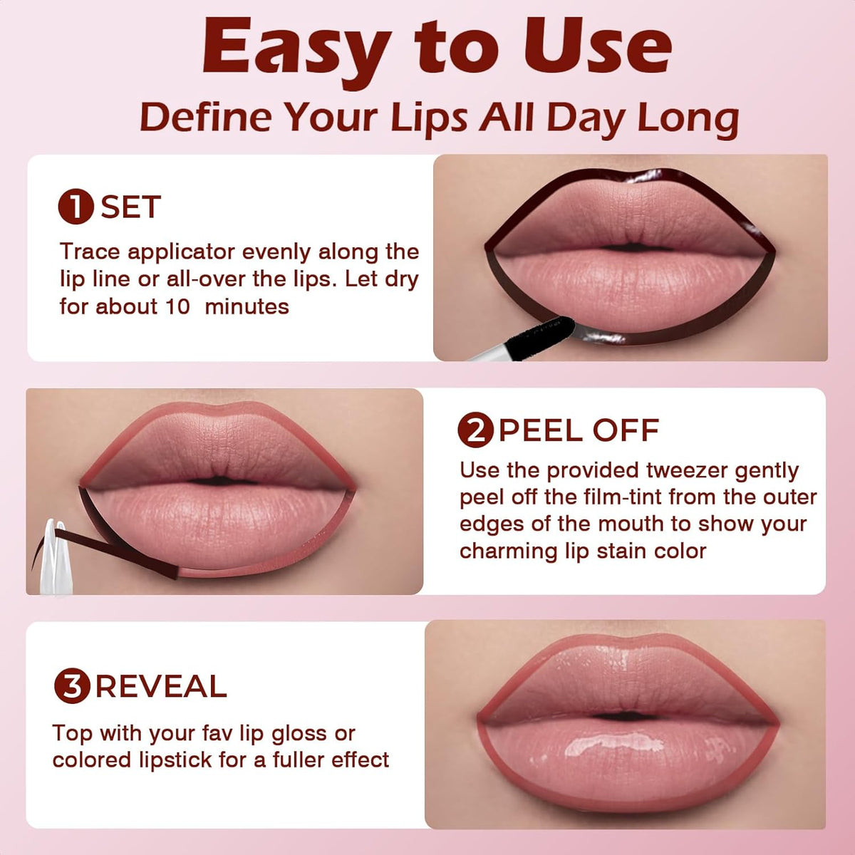 Lip Liner Stain Peel Off with Tweezer, Long Lasting Matte Lip Tattoo, Highly Pigmented Color Lip Tint Makeup, Waterproof, Transfer-proof Lipstain for Women, for All Skin Types Rose Pink