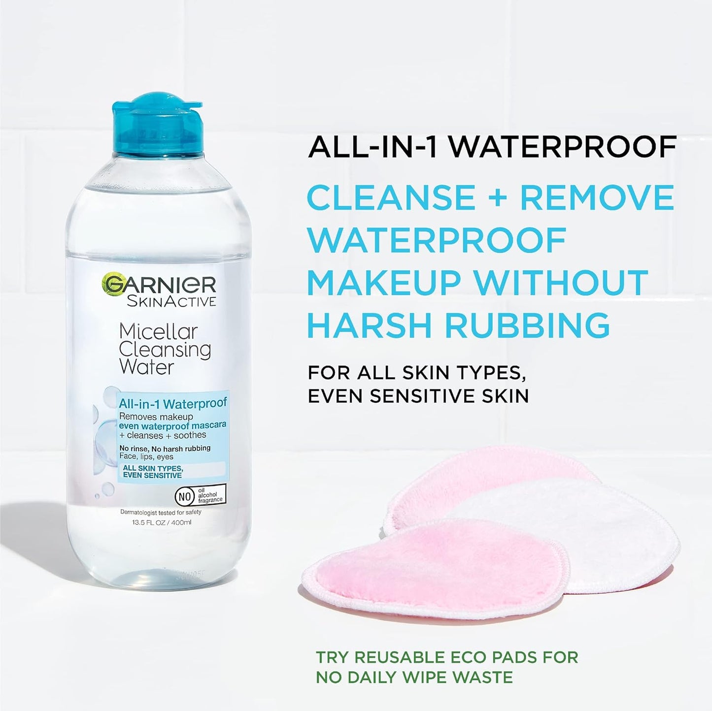 Garnier Micellar Water For Waterproof Makeup, Hydrating Facial Cleanser & Makeup Remover, Suitable for Sensitive Skin, Vegan, Cruelty Free, 13.5 Fl Oz (400mL), 1 Count