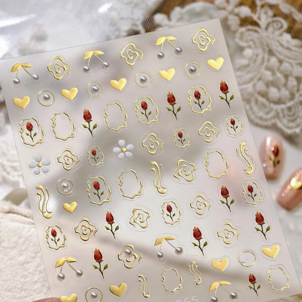Tulip Nail Art Stickers 5D Embossed Flower Pearl Cherry Nail Stickers, Self-Adhesive Durable Nail Art Decals for Women Girls, Nail Wraps Decoration Manicure for DIY Acrylic Nail Accessories