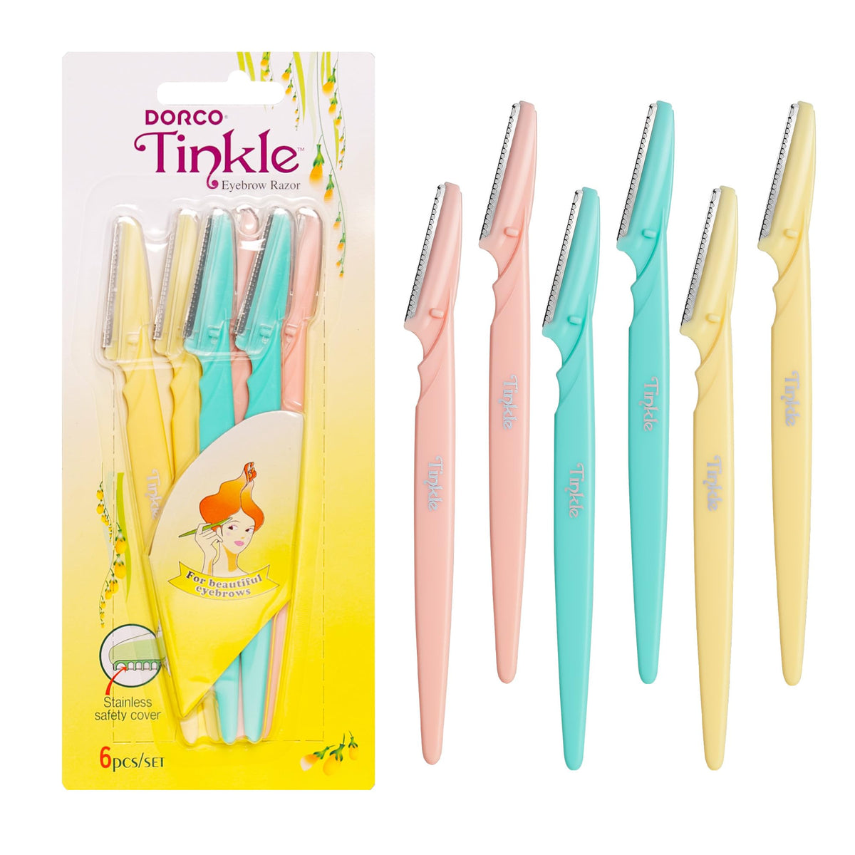 Tinkle Dermaplaning Tool 6ct, Dermaplane Razor for Women, Safe and Easy Peach Fuzz Remover, Eyebrow Trimmer with Protective Cover