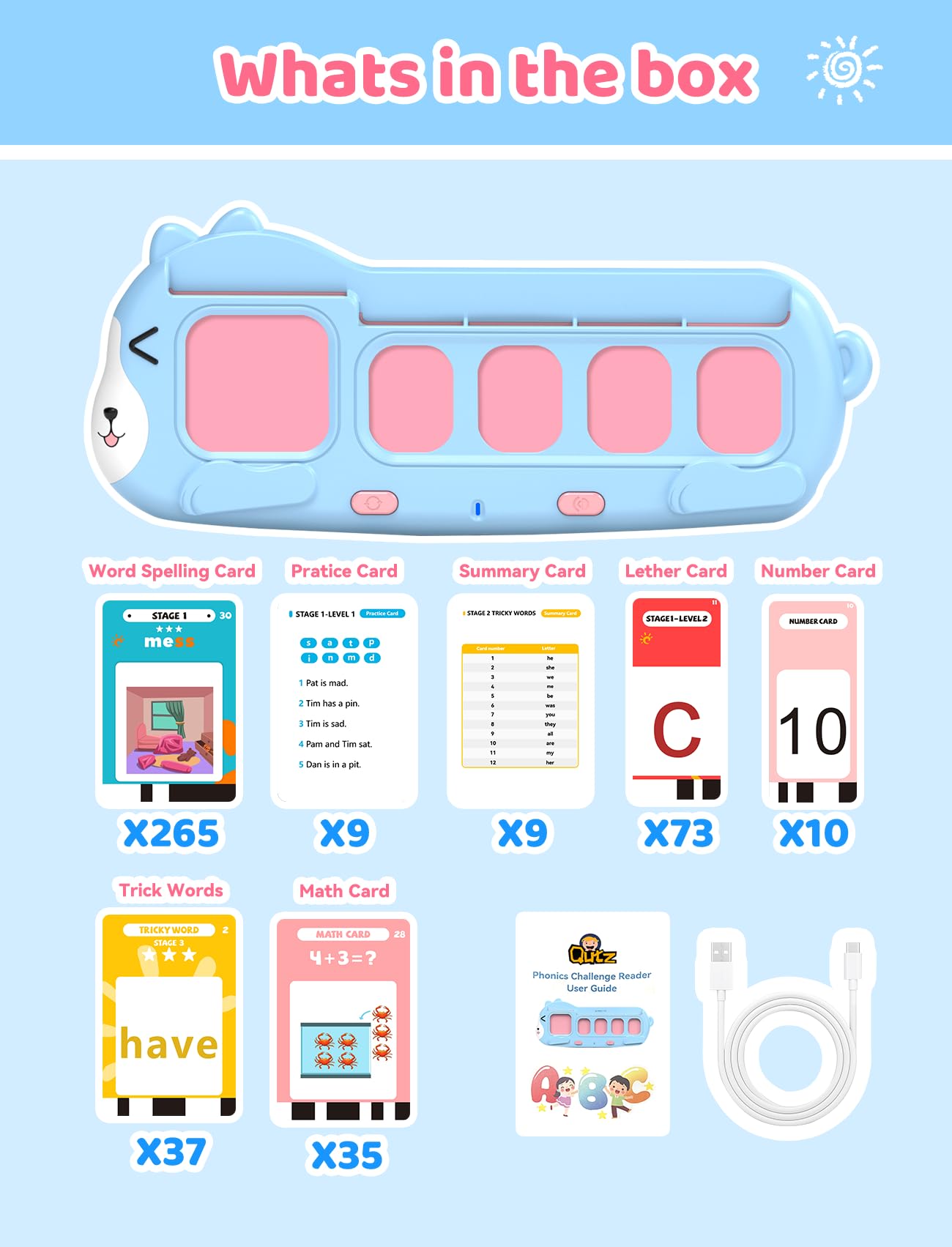 QuTZ Phonics Learning Toy for Preschool Kids – Talking Flash Cards with Sound Machine, Word Blending & Math Games – Educational Reading & Counting Activity Set 4-8