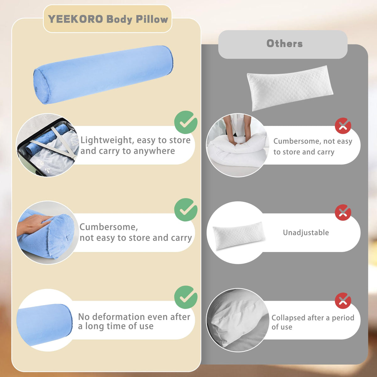 YEEKORO Inflatable Body Pillow for Adults Kids, 47 Inch Body Pillows for Side Sleeper, Travel Body Pillow for Bed, Bolster Pillow, Round Cervical Cylinder Pillow for Sleeping
