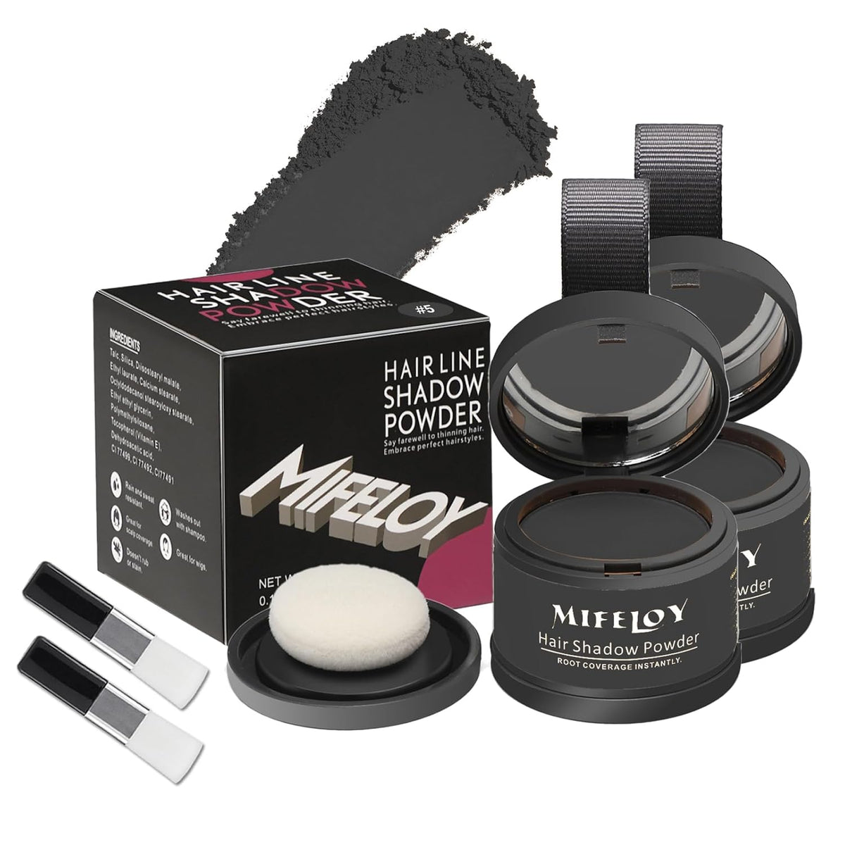2 Pack Root Touch Up Shadow Powder, Gray Hair Cover Up, Women Color Root Coverage Powder for Thinning Grey Hairline, Men Instantly Concealer Hair Loss Beard Line Eyebrow, Black