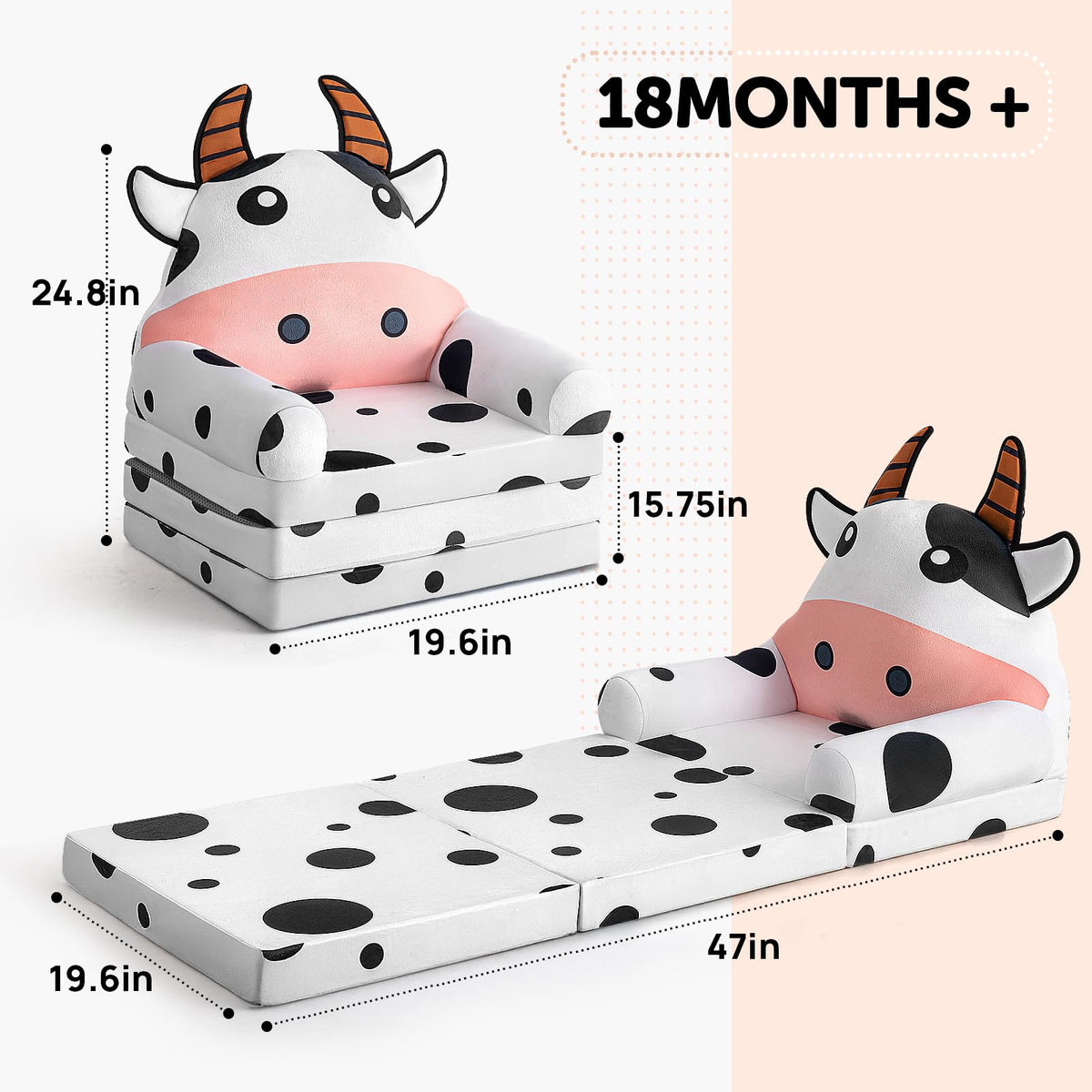 Kids Sofa Comfy, Adorable Animal Toddler Chair, Foldable Kids Couch with Removable Washable Cover, Soft & Breathable Fabric, No Assembly Needed, Foldable Baby Sofa(Dairy Cow)