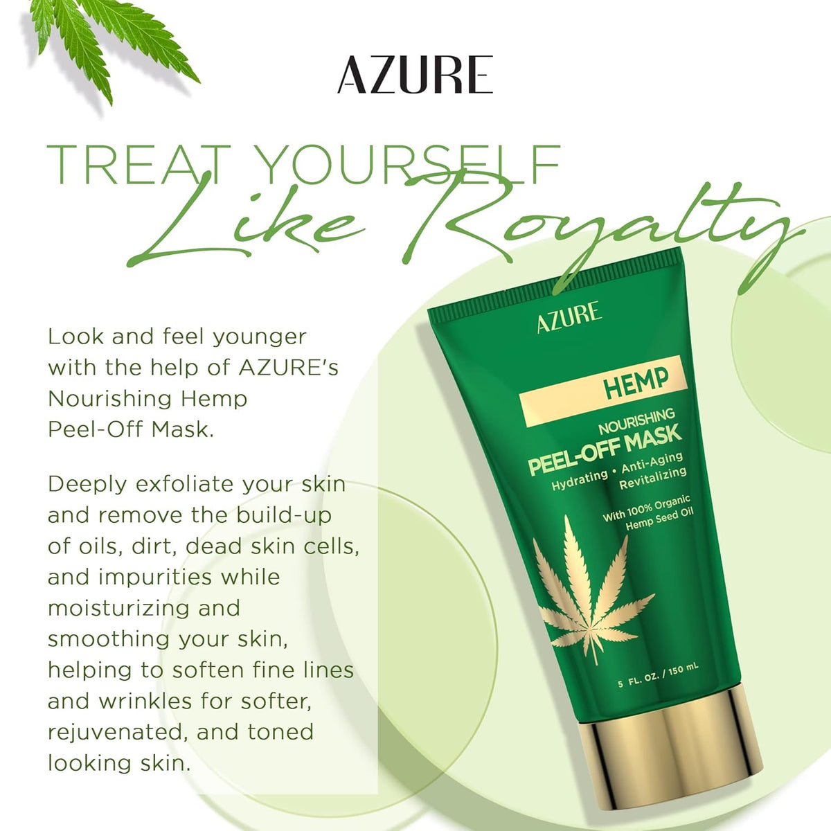 Azure Cosmetics Hemp Nourishing Peel Off Facial Mask- Anti Aging & Hydrating Face Masks - Removes Blackheads, Dirt & Oils - With Hemp Oil and Hyaluronic Acid - Skin Care - 150mL / 5 fl.oz.