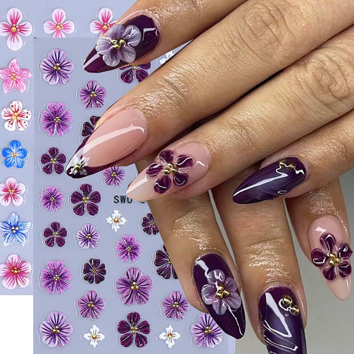 4 Sheets Flower Nail Art Stickers 3D Self-Adhesive Blossom Nails Sticker Spring Nail Art Decals Holographic Daisy Nails Decal Decoration for Women Colorful Flowers Manicure DIY Nail Supplies