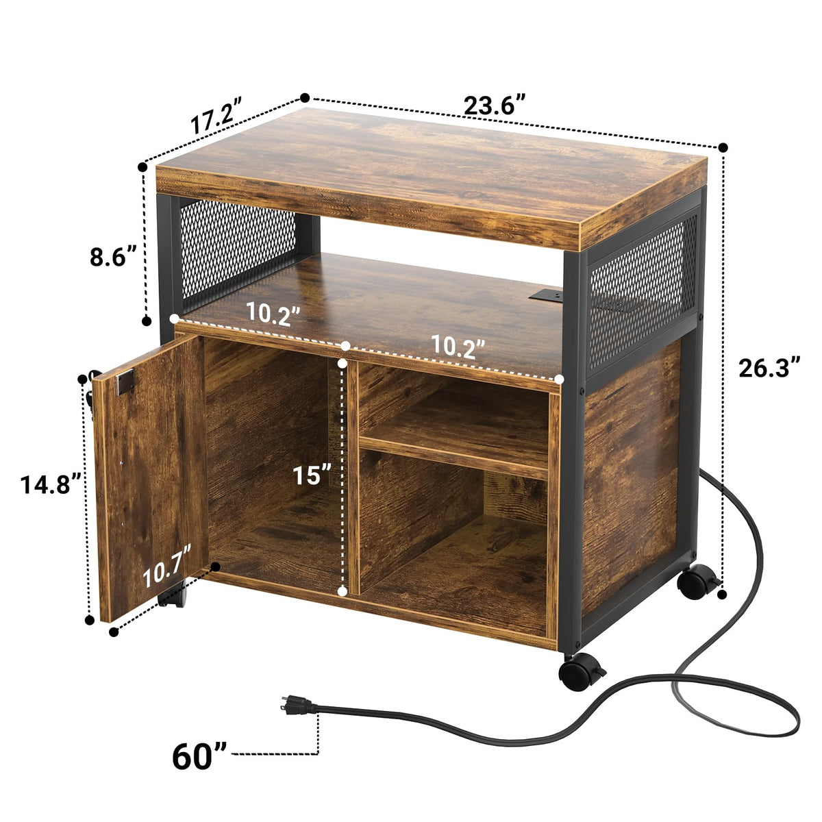 Unikito Lateral File Cabinet, Locking Office Filing Cabinets with Socket and USB Charging Port, Modern Rolling Printer Stand with Storage for A4, Letter Size and File Folders, Rustic Brown