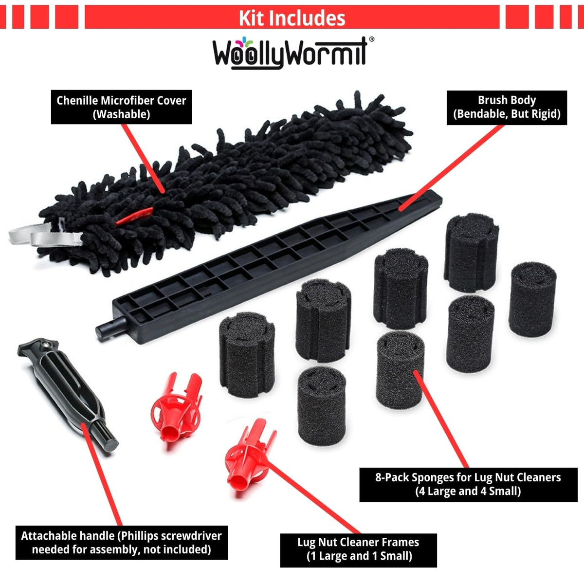 Woollywormit Wheel Cleaning Brush Car Detailing Kit - Rim Brush, Lug Nuts and Wheel Cleaner Brush Car Wash Kit -Tire Brushes for Cleaning Rims - Car Cleaning Supplies and Rim Cleaner Brush Set