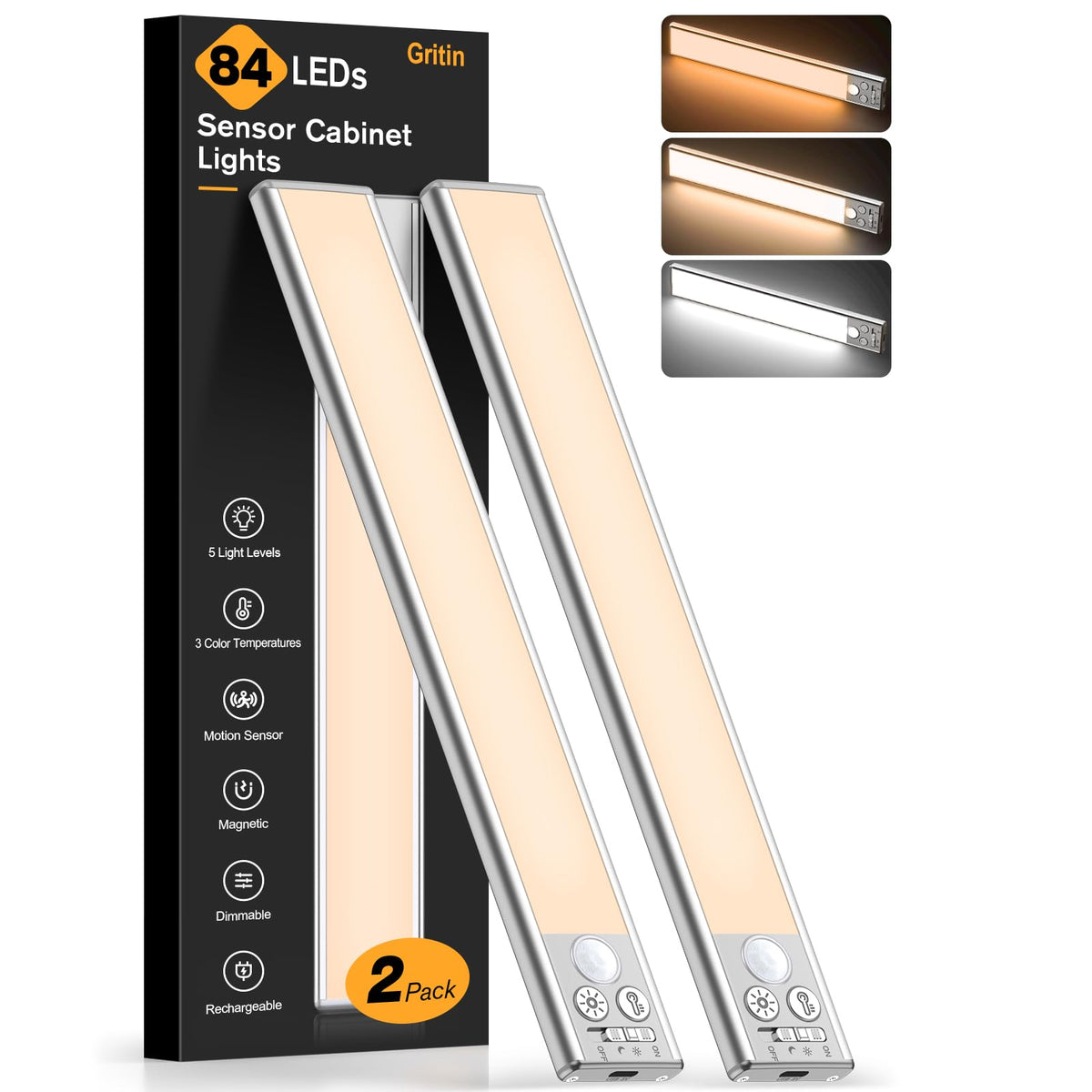 Gritin 10.2inch Under Cabinet Lighting Rechargeable -84 LED Super Bright,3-Color& 5 Level Brightness,4 Modes,Motion Sensor, Long Lasting- Easy Installation Magnetic Under Cabinet Closet Lights -2 Pack