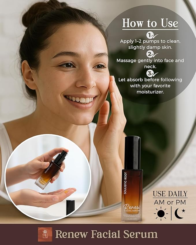 Renew Facial Serum w/Vitamin C & Hyaluronic Acid – Skincare Blend for Face, Sensitive Skin, Brightening Care, Vitamin C Serum for Dark Spots & Even Tone – 1 oz Bottle