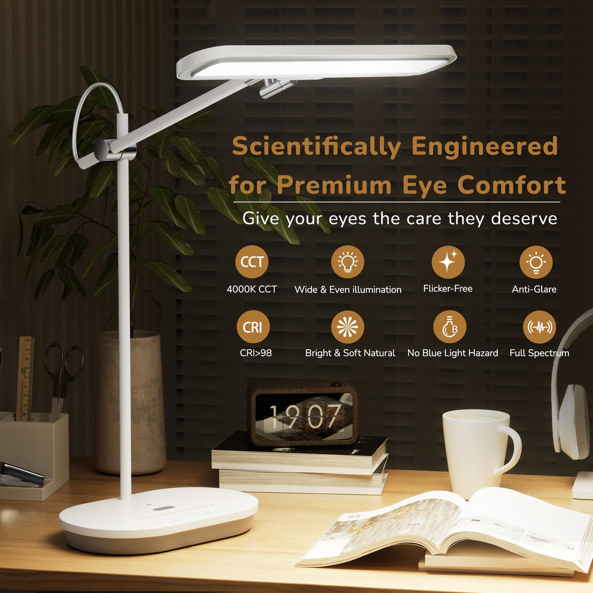 Newkana LED Desk Lamp with CRI 98, Advanced Eye-Caring Bright Desk Light for Crafting, Home Office & Kids Studying, Multi-Angle Adjustable, Dimmable Full Spectrum with Touch & Gesture Control