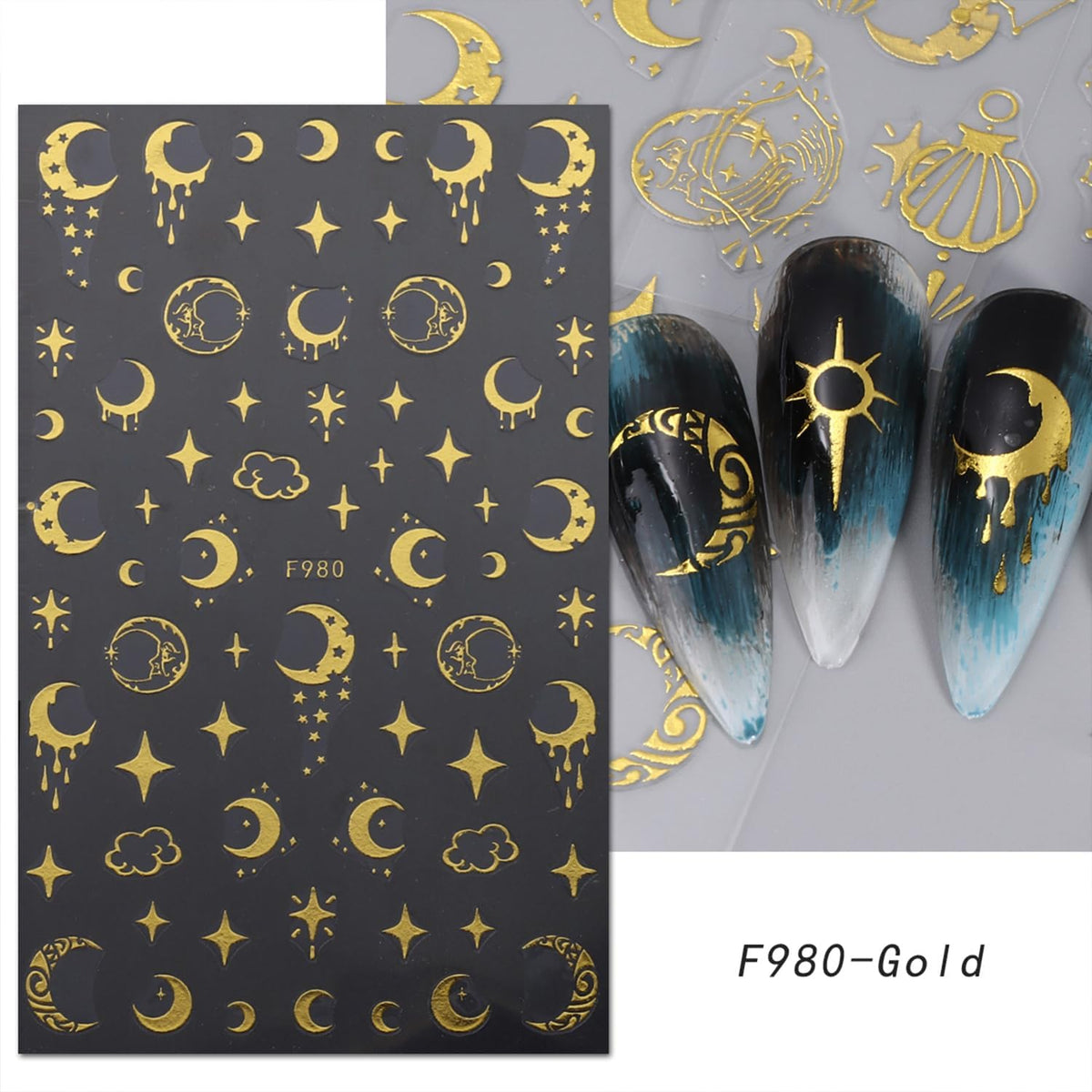 5 Sheets Metallic Gold Nail Art Stickers 3D Self-Adhesive Nails Stickers Bohemian Sun Moon Hexagram 3D Decal Supplies Women DIY Gold Metal Nail Art Decoration