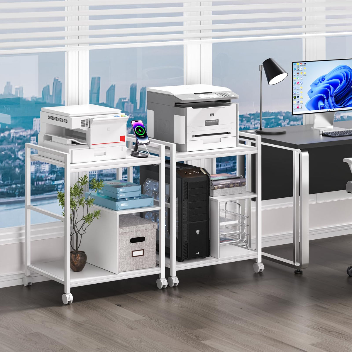 Lerliuo Printer Stand with Charging Station and USB Ports, Large 3-Tier Mobile Printer Table with Storage Shelf, White Rolling Industrial Printer Cart with Lockable Wheels for Home Office