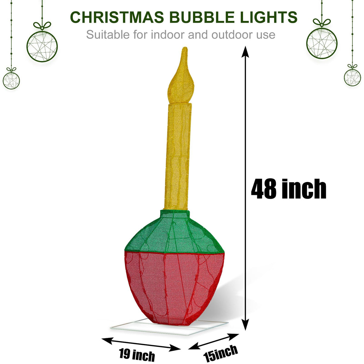 Christmas Bubble Light 48’’H Pre-Lit with 60 Warm White LED Lights, Battery Operated with Timer, Twinkling and Flowing, Traditional Decoration