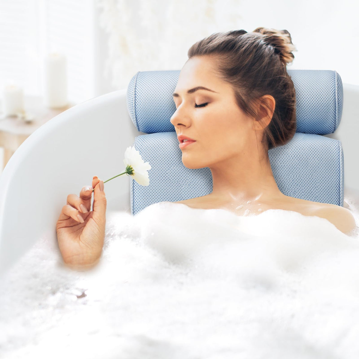 LuxStep Bath Pillow Bathtub Pillow with 6 Non-Slip Suction Cups,14.6x12.6 Inch, Extra Thick and Soft Air Mesh Pillow for Bath - Fits All Bathtub, Blue