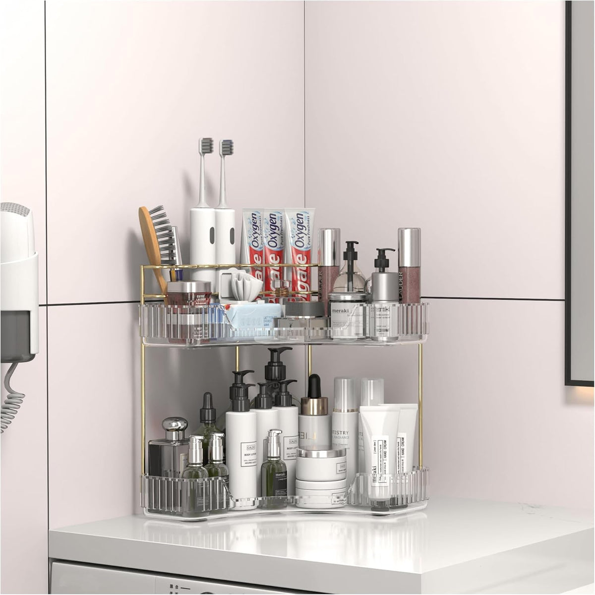Makeup Organizer Countertop 2 Tier, Corner Bathroom Countertop Organizer with Toothbrush and Makeup Brush Holder, Corner Vanity Tray for Skincare Organization