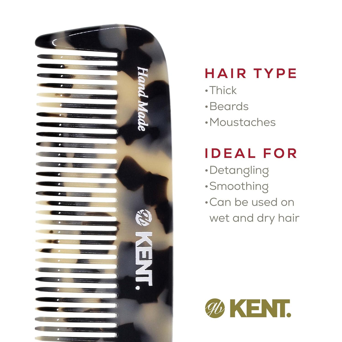 Kent 12T TW Pocket Comb - Handmade Wide Tooth Hair Comb for Men, Women, and Kids - Travel, Beard, and Mustache Comb - Saw Cut and Hand Polished Made in England