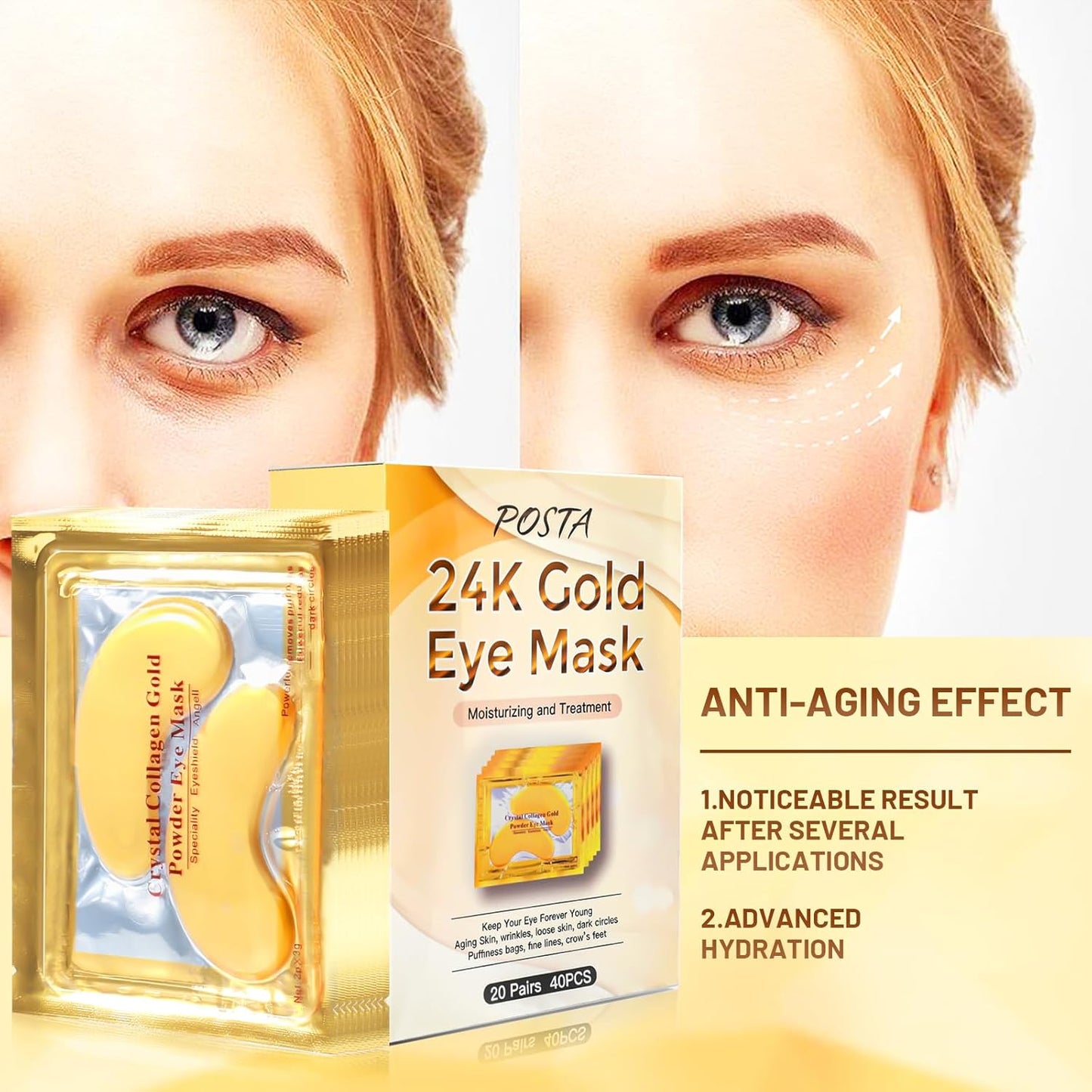 24K Gold Eye Mask, 20 Pairs Eye Treatment Mask With Collagen, Under Eye Mask Treatment for Puffy Eyes, Dark Circles Corrector, Used for Eye Bags, Anti Aging Patches Luxury Gift for Women and Men
