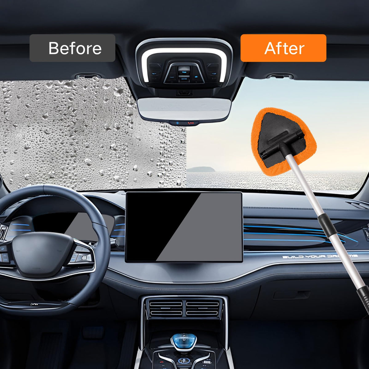 Qydipclin 10pcs Windshield Cleaner Tool, Car Window Cleaning Wash Kit with 4 Reusable Microfiber Pads 1 Spray Bottle and Extendable Handle Auto Glass Wiper Kit, Orange
