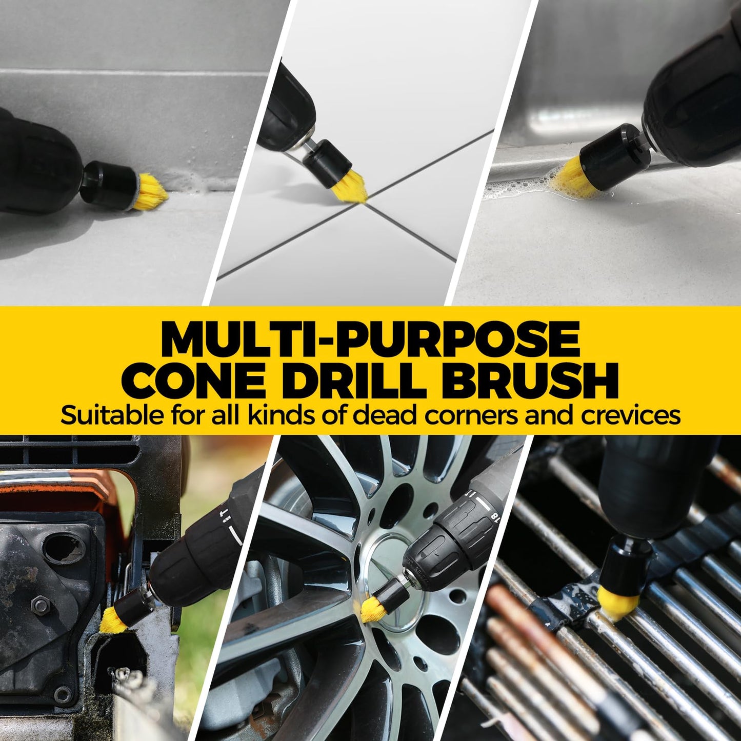 Holikme 6Pack Drill Brush Power Scrubber Cleaning Brush Extended Long Attachment Set All Purpose Drill Scrub Brushes Kit for Grout, Floor, Tub, Shower, Tile, Bathroom and Kitchen Surface，Yellow