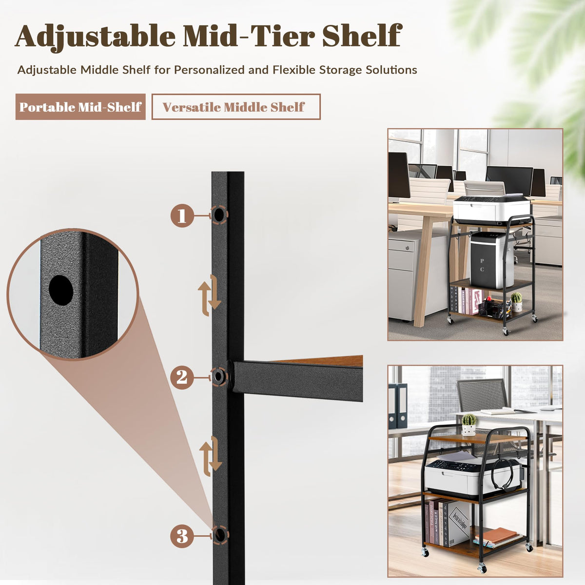 Vividwood Printer Stand - Large 3 Tier Printer Table with Adjustable Storage Shelf - Rolling Cart with Wheels -Stable Desk for Home Office Use (Rustic Brown)