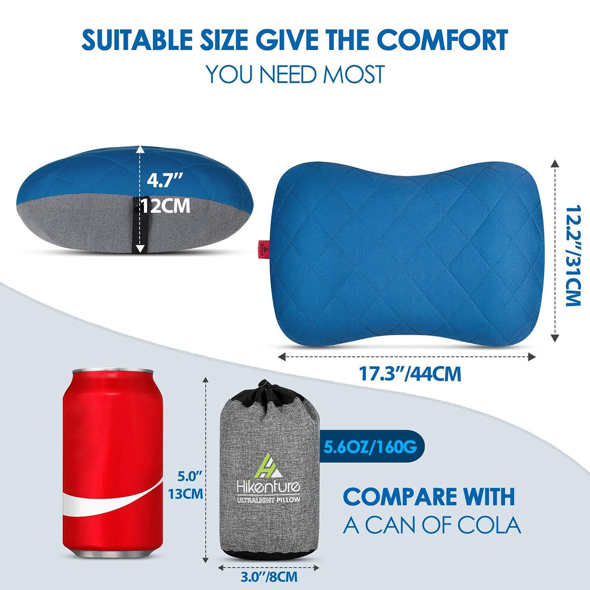 Hikenture Ultralight Inflatable Washable Pillow with Removable Cover for Neck Lumber Support - Upgrade Backpacking Pillow for Camping, Travel, Hiking, Backpacking (Blue)