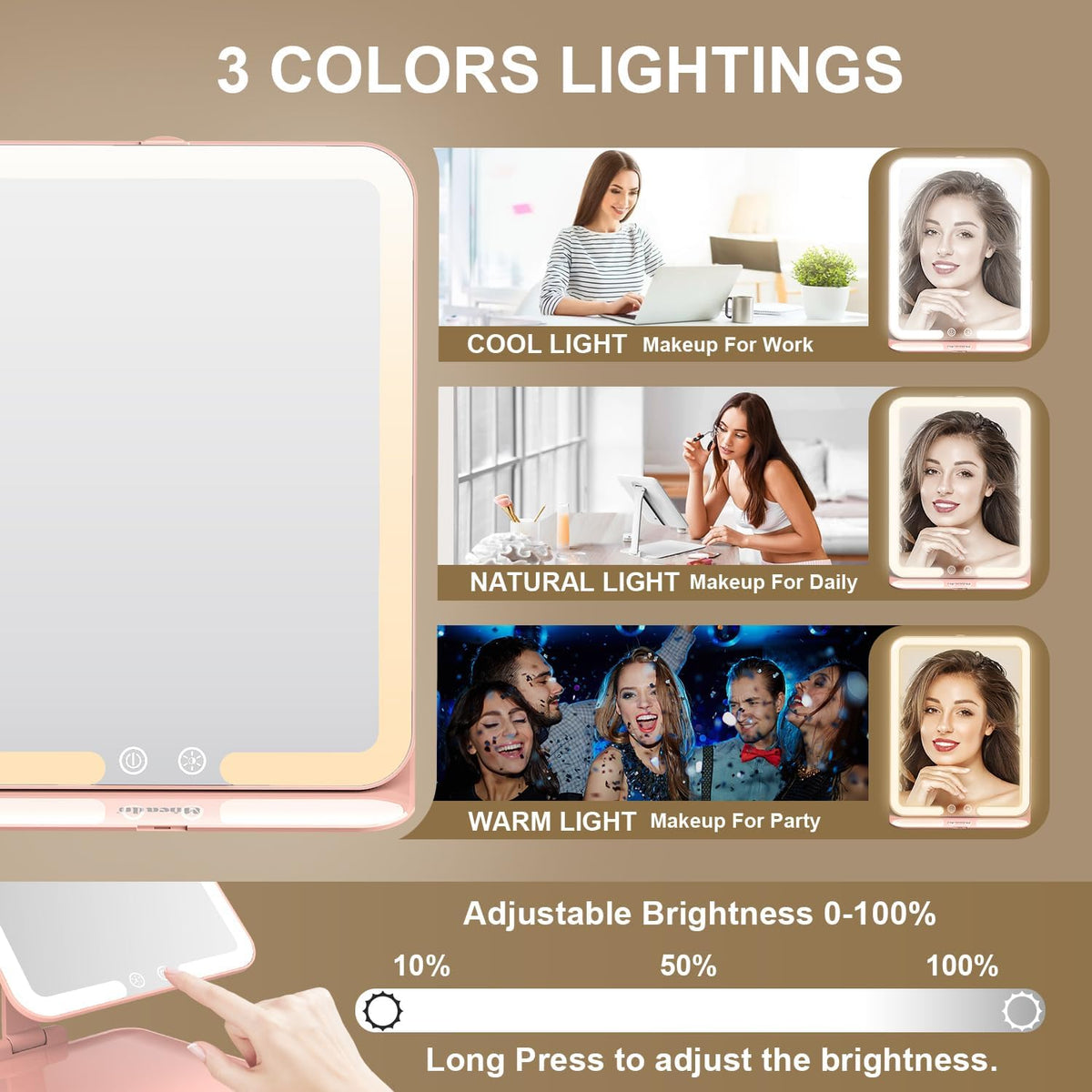 Mocado Travel Makeup Mirror with Light, Tripple Folding Vanity Mirror with Lights, 3 Colors Lighted Makeup Mirror, 1500mAh Rechargeable, Memory Function, Freely Adjust Height and Angle(Pink)