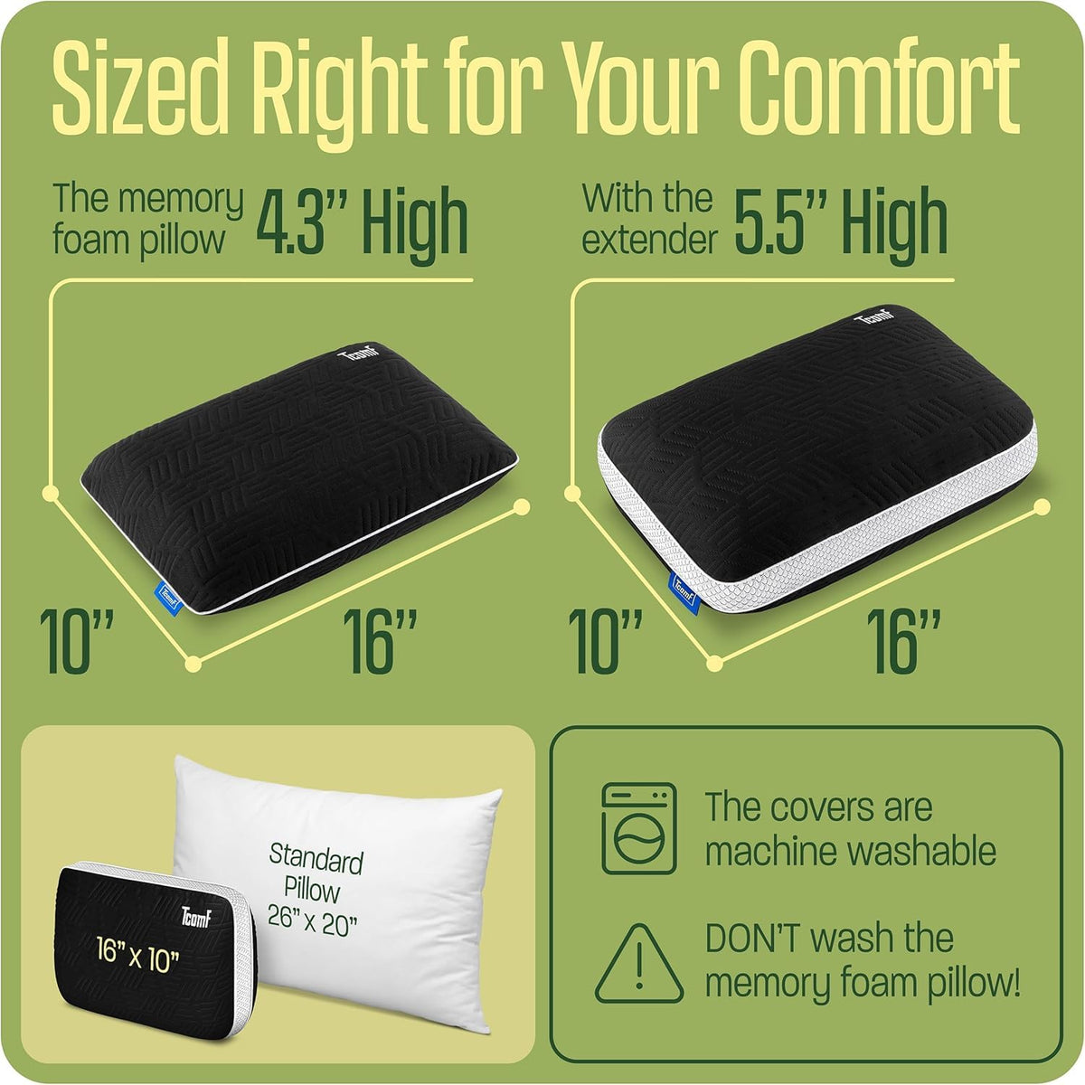 TCOMF Camping Pillow: Dual Cover, Memory Foam Travel Pillow, Medium Firm Camp Pillow, Camping Pillows for Sleeping, 5 Layers for Support, Small Travel Pillow,Small Portable Pillow 10x16 Inches (Black)