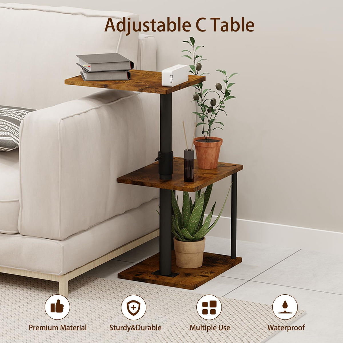 Faesun Swivel Side Table for Couch Arm, Height Adjustable C Shaped End Table for Recliner or Bed, Tv Trays with Storage Shelf for Small Spaces- Small Nightstand for Living Room, Bedroom
