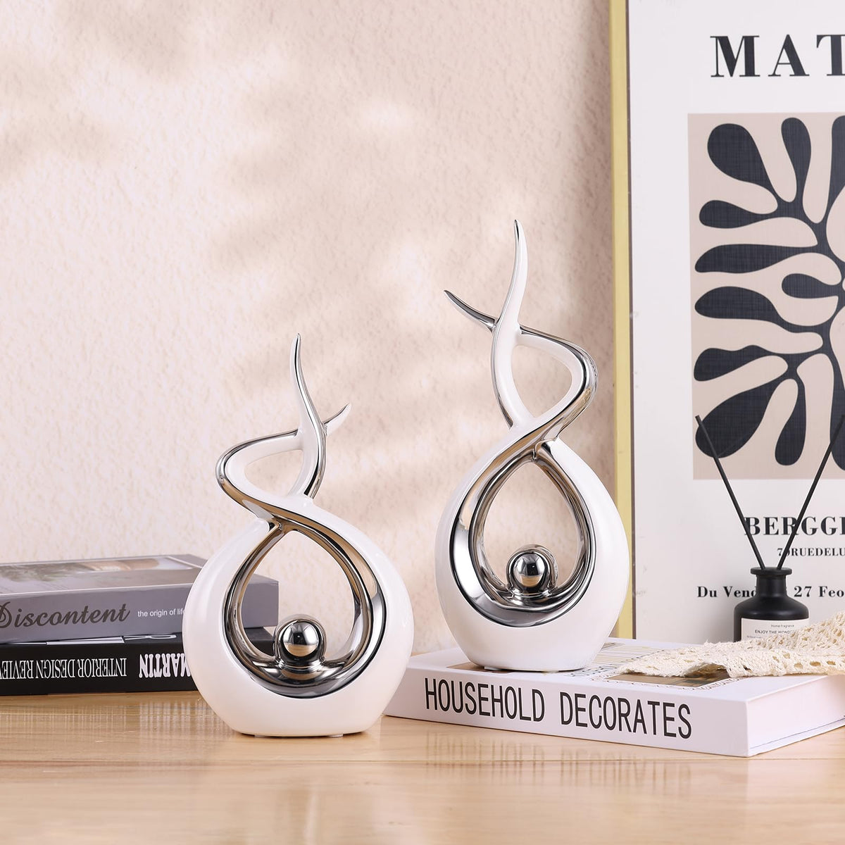 PlivBloom Silver White Abstract Ceramic Modern Sculpture, Knick Knacks Statues for Living Room, Shelf, TV Stand, Coffee Table, Dining Room, Office, Bedroom, Home Decor, Centerpiece, Great Gift Idea
