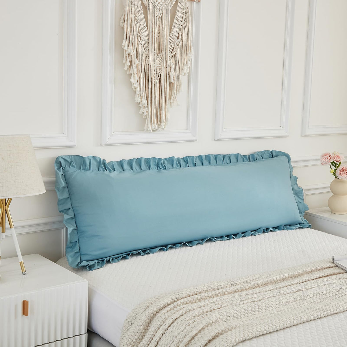 Dusty Blue Body Pillow Cover 20x54inches Long Pillowcase Ruffled Fringe Decor Sham Cute Pillowcase (1 Body)